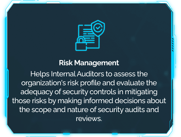 This tile tells internal auditors that DigitalXForce helps assess the risk profile and the adequacy of security controls when scoping audits.