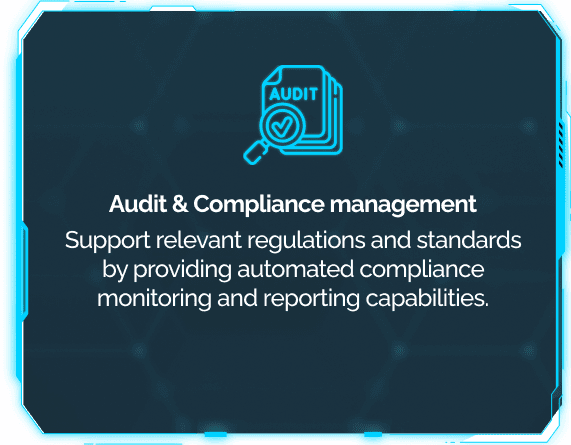 This tile describes audit and compliance management: DigitalXForce supports regulations and standards with automated compliance monitoring and reporting.
