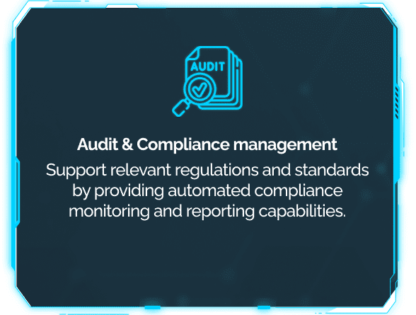 This tile describes audit and compliance management with automated compliance monitoring and reporting.