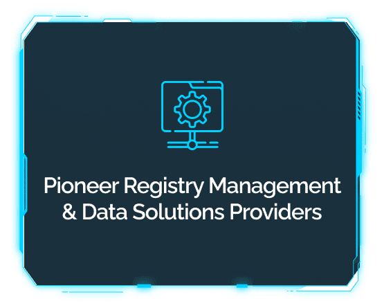 This customer tile reads Pioneer Registry Management and Data Solutions Providers, with an icon of a monitor and a gear.
