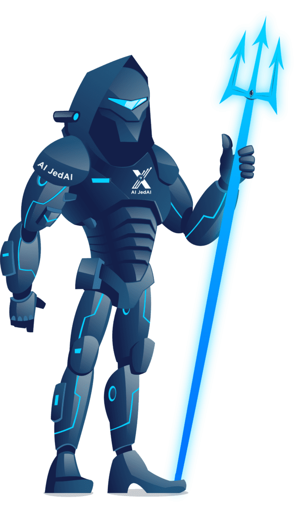 AI JedAI mascot, an armored blue robot figure holding a glowing trident, with AI JedAI printed on its shoulder and chest