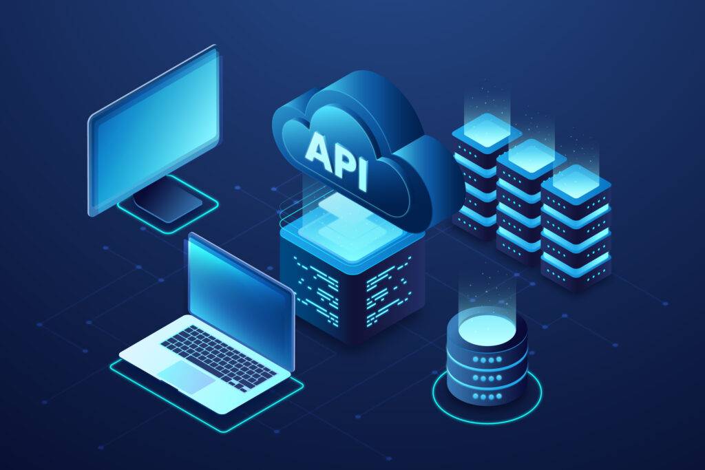 Illustration of a cloud labeled API above a server stack, with a laptop and monitor around it, showing how connected devices exchange data