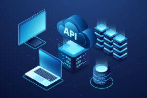 Illustration of a cloud labeled API above a server stack, with a laptop and monitor around it, showing how connected devices exchange data