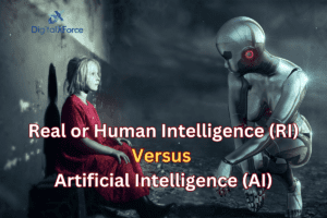 Illustration from the DigitalXForce article "Real or Human Intelligence (RI) Versus Artificial Intelligence (AI)"