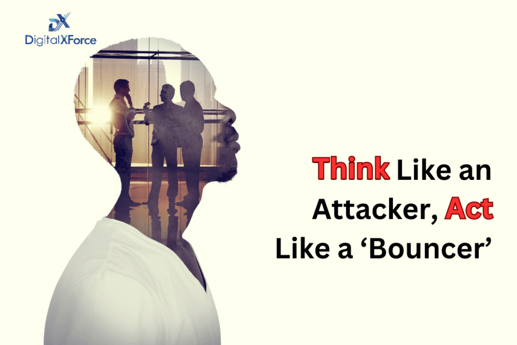 Blog banner reading Think Like an Attacker, Act Like a Bouncer, with a head silhouette filled with people in an office