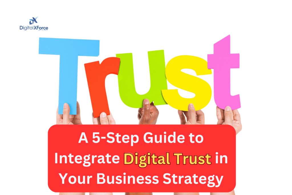 Blog banner showing the word Trust held up by hands, with the title A 5-Step Guide to Integrate Digital Trust in Your Business Strategy