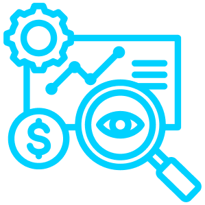 This icon shows a chart with a gear, a dollar sign and a magnifying glass with an eye.