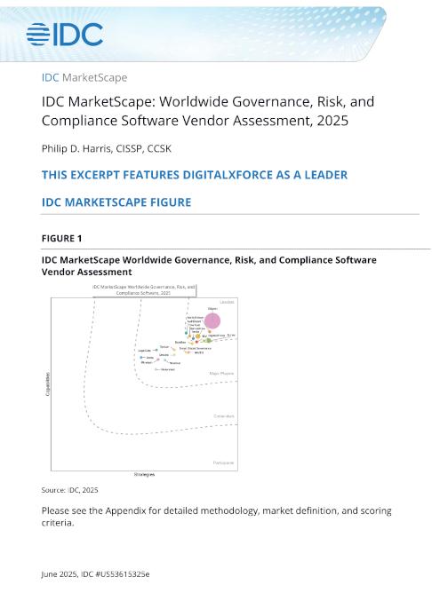 Cover page of an IDC MarketScape excerpt on Worldwide Governance, Risk and Compliance Software Vendor Assessment 2025, featuring DigitalXForce.