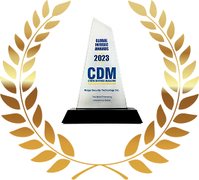 Glass trophy graphic for the Global InfoSec Awards 2023 from Cyber Defense Magazine, inside a gold laurel wreath