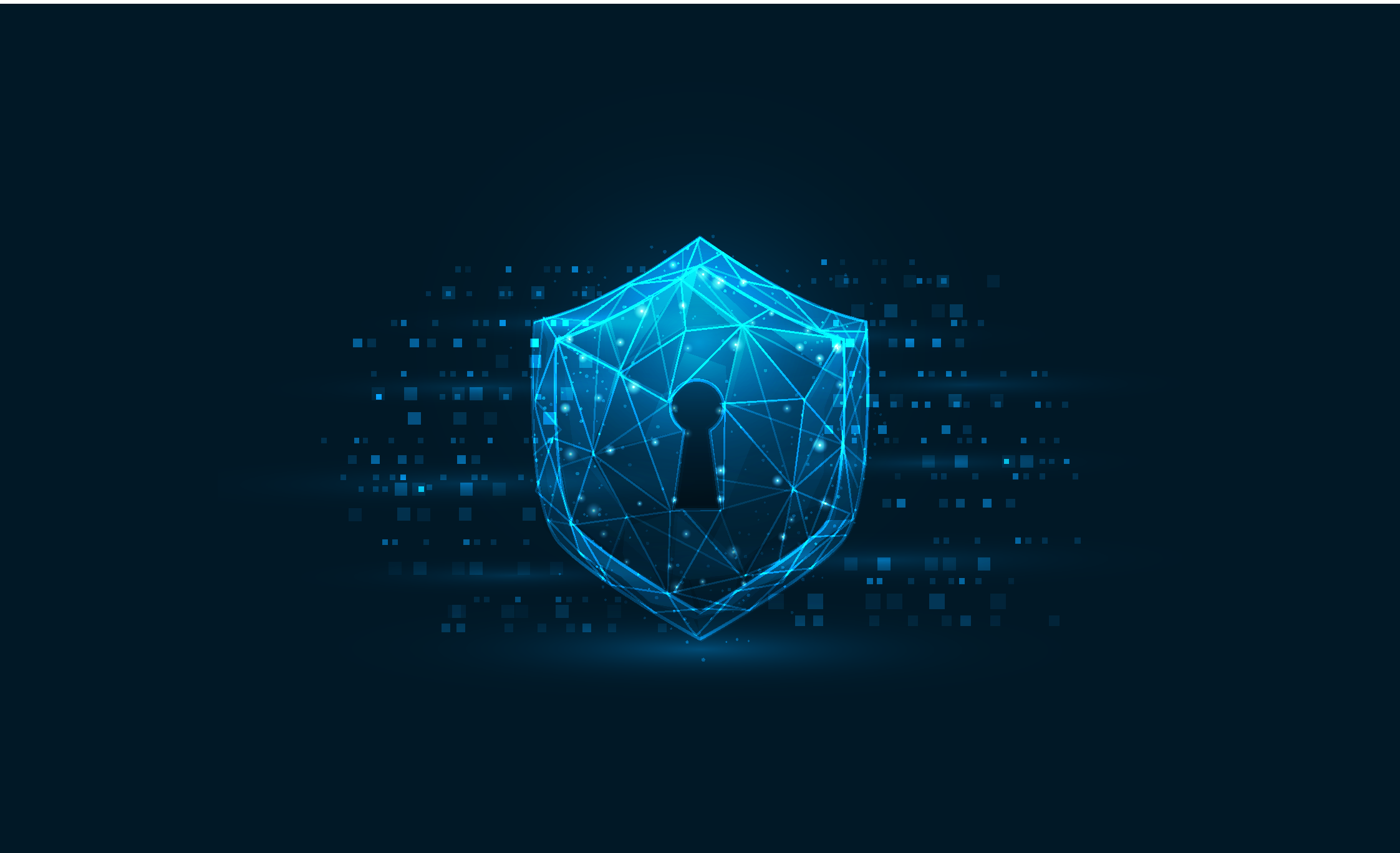 This illustration shows a glowing shield with a keyhole on a digital background.