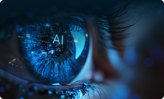 Close up of an eye with a circuit pattern and the letters AI in the iris