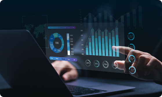 Hands working on a laptop with a floating dashboard of bar charts and gauges