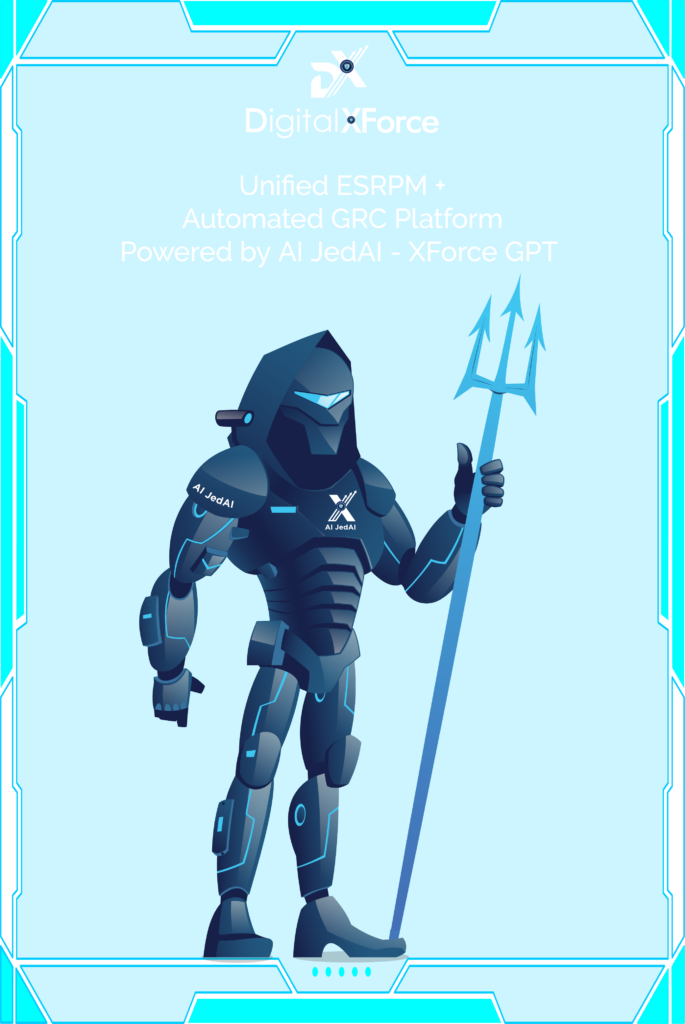 AI JedAI mascot, an armored blue robot figure with a glowing trident, with AI JedAI printed on its shoulder and chest