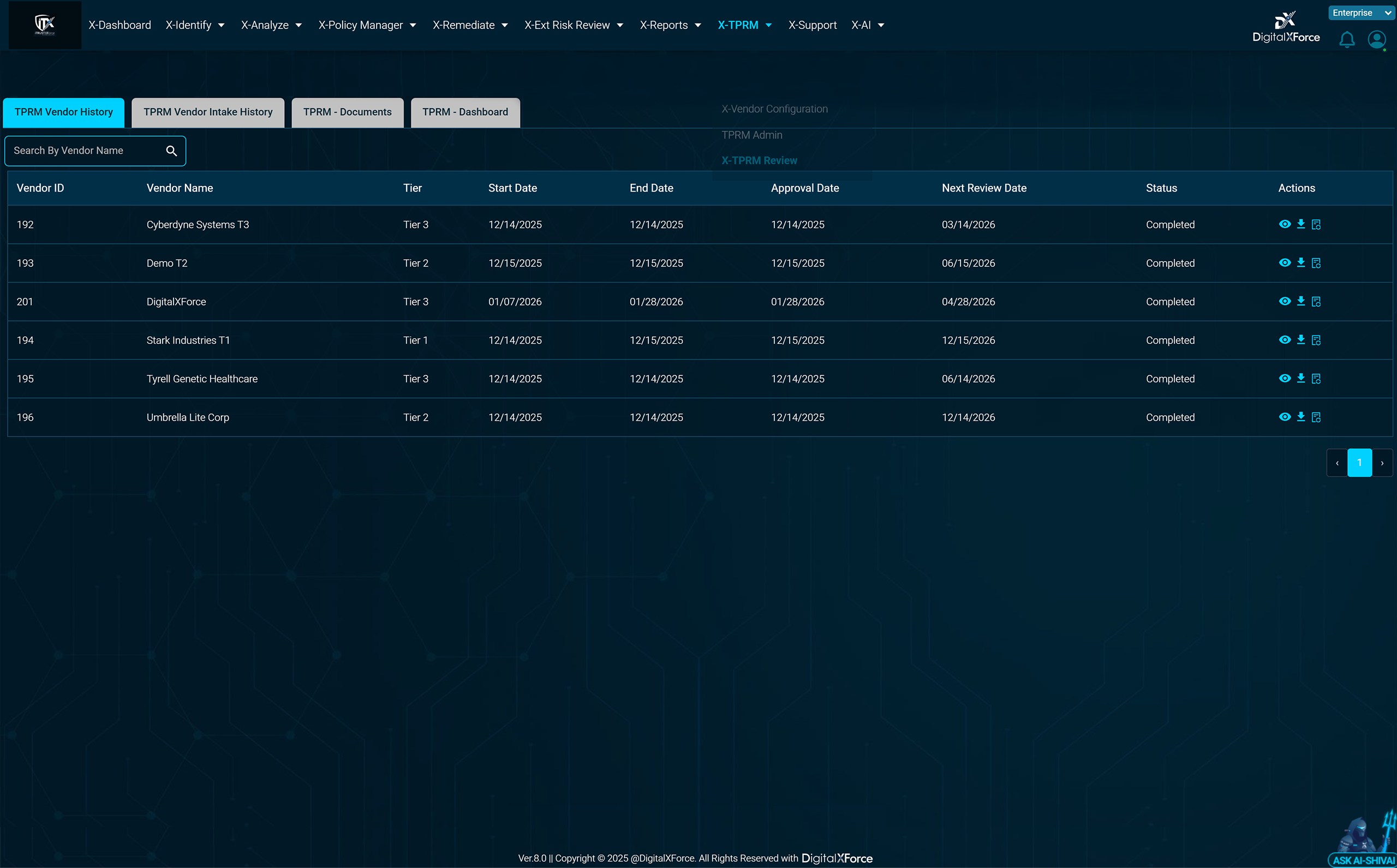 This screenshot shows the DigitalXForce third-party risk review screen listing vendors with their tier, status and review dates.