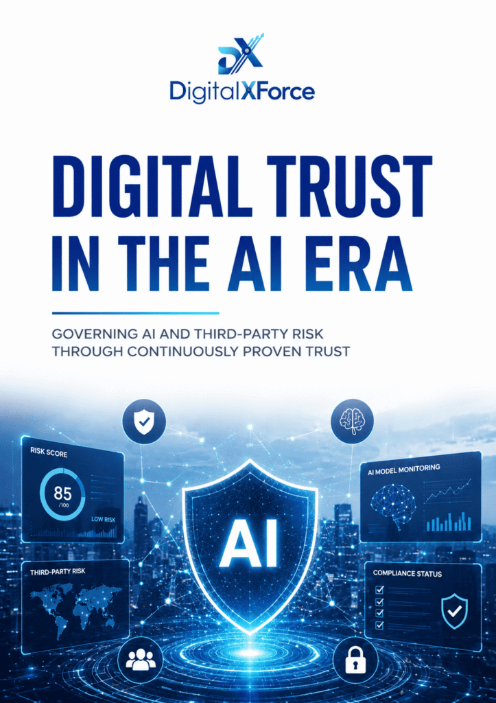 Cover of the DigitalXForce white paper titled Digital Trust in the AI Era, about governing AI and third-party risk through continuously proven trust.